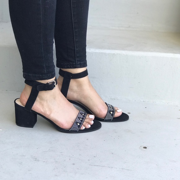 Black Ankle Strap Embellished Block Heel Sandals - Picture 5 of 7